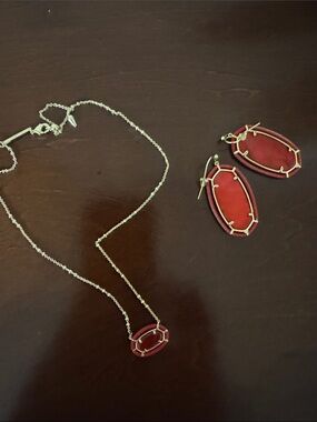 Kendra Scott Red Oval Pendant Necklace with Matching Drop Earrings